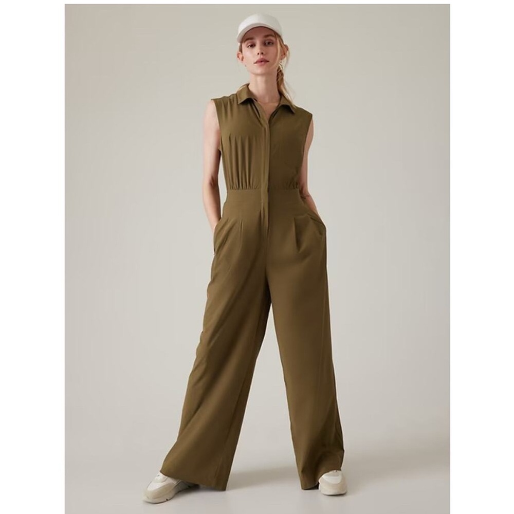 Athleta Brooklyn Heights Wide Leg Jumpsuit Green Sz 4L Women's Stretch Comfy